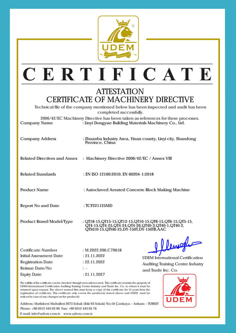 ATTESTATON CERTIFICATE OF MACHINERY DIRECTIVE